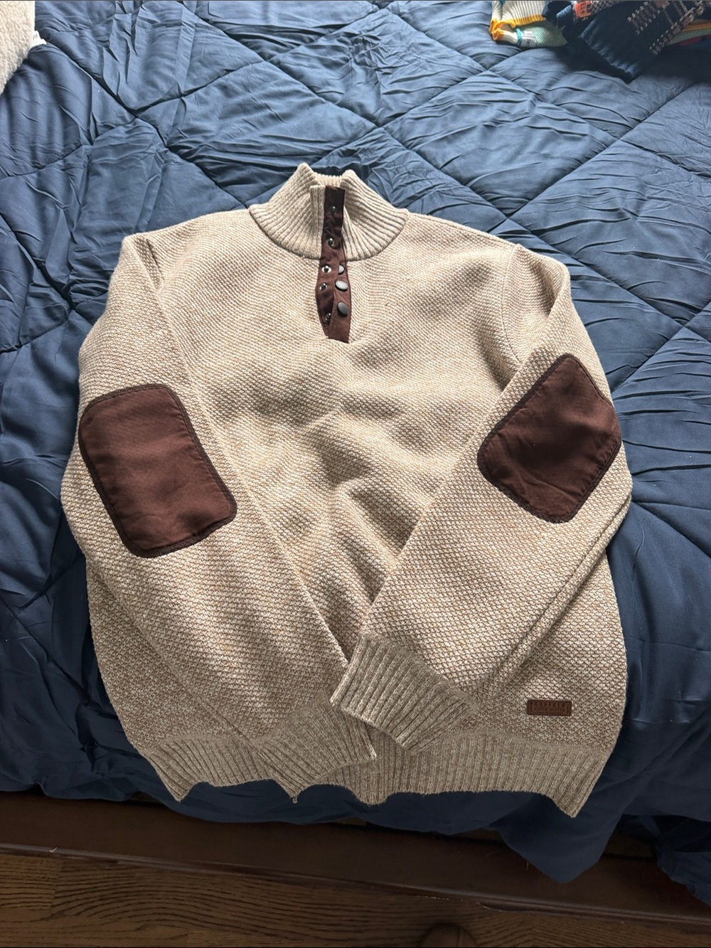 Buffalo David Bitton Beige Knit Zip Sweater with Brown Elbow Patches